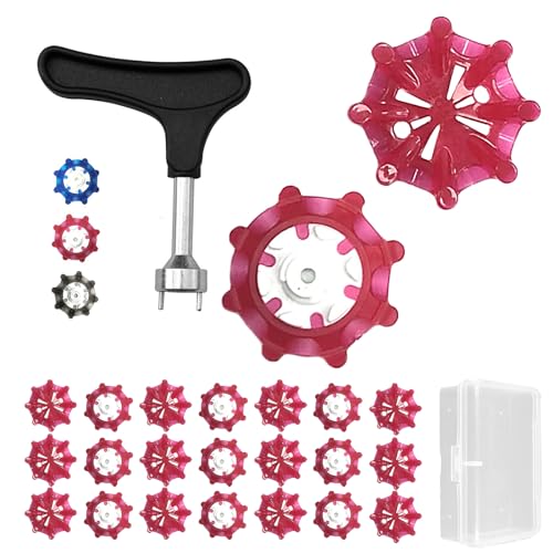 QuickYen ゴルフシューズ スパイク (Soft spikes) 24個入 スパイク ゴルフ 鋲 交換用 ゴルフシューズ スパイク鋲 滑り止め 簡単脱着 収納ケース付き (レッド+ゴルフ用釘レンチ) [並行輸入品] 画像1