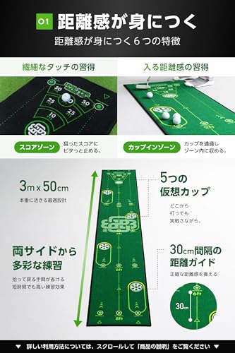 BACK2BASICSGOLF パターマット パター練習マット パター練習器具 【全英覇者コーチ監修x高速グリーンx距離感x方向性xインパクト向上x3mxガイドブック付きxグリーン】 中間 画像