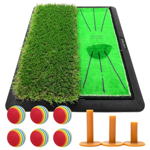 Golf Style ダフりチェック ゴルフマット ターフ跡が確認できる 2WAY ターフ芝+ラフ芝 ゴルフ 練習 マット 素振り アイアン スイング 跡がつく ショットマット 練習用 ゴムマット 34×44cm Eセット (レッド) 1枚目 画像