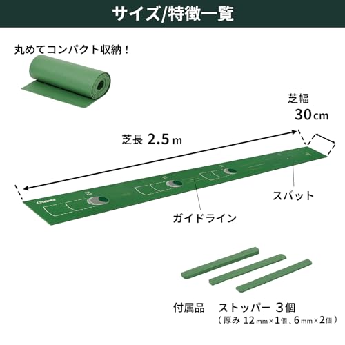 Tabata(タバタ) ゴルフ パターマット 2.5ｍ フラット ホールカップをリアルに再現 自由に配置できるストッパー付き 練習方法アレンジできる 実戦に近い フォーミング素材 芝抜けの心配がない 室内練習 ゴルフ練習 初心者 上級者 フラットパターマットR-2.5 GV0142の特徴・詳細 画像