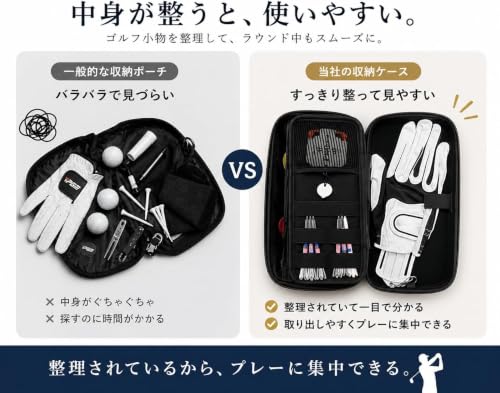 【グローブホルダー付き】ゴルフ ポーチ 小物入れ 仕切り付き 大容量 ティー・マーカー収納 カラビナ付き 撥水 ラウンドポーチ ゴルフ収納ポーチの特徴・詳細 画像